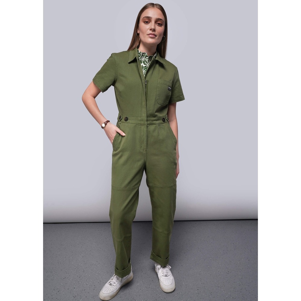 WildFang The Essential High Waisted Coverall Green Overall Size 1X Utility - Picture 2 of 12